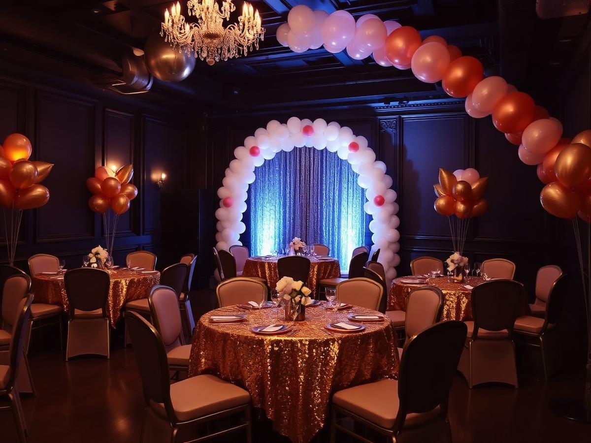 Private event set up with gold sequin tables